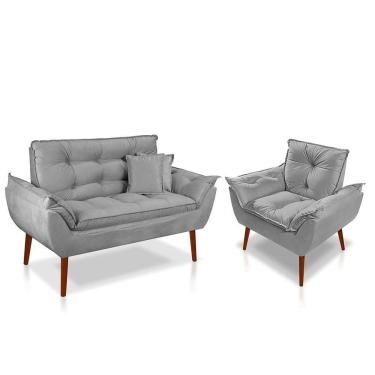 Imagem de Kit 01 Poltrona Opala + 01 Namoradeira Opala + 02 Almofadas Suede Cinza Claro