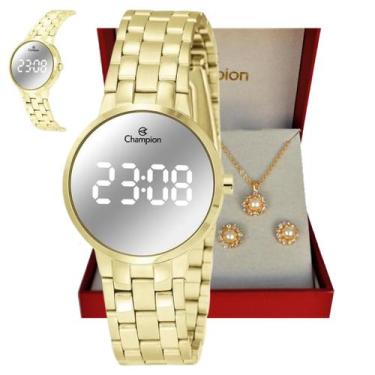 Imagem de Relogio champion digital dourado espelhado pequeno ch48153b + kit