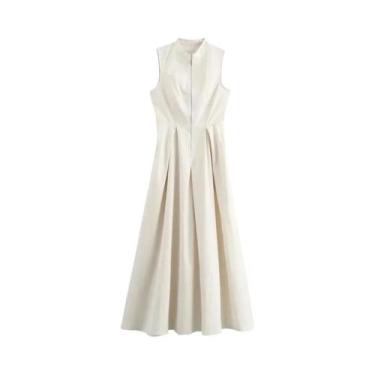 Imagem de Vestido Midi Plissado Feminino - Sem Mangas, Zíper, Bodycon - Elegante