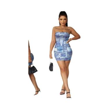 Imagem de Feminino denim impresso peito envolto mini saia festa vestido sem mang