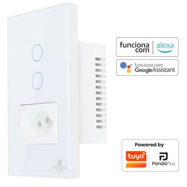 Imagem de Interruptor Inteligente Wi-fi 2 Botões Touch 1 Tomada 16A Bivolt Smartlife Tuya Panda Plus Alexa Google Comando Voz