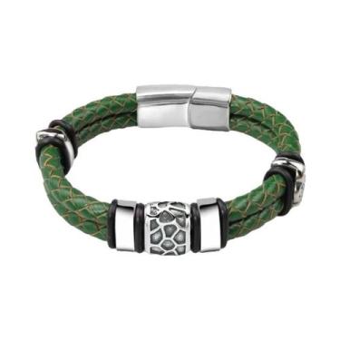 Imagem de Pulseira Masculina De Couro Trançado Marrom Com Aço Inoxidável 316L E 