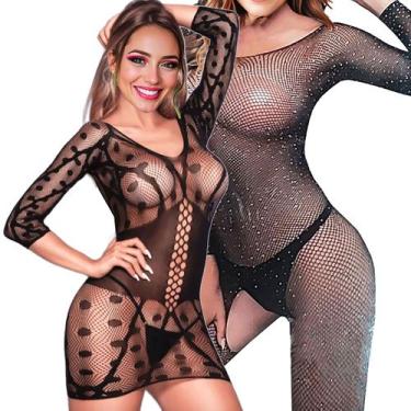 Imagem de Lingerie Bodystocking Meia de Vestir: Kit Macação + Vestido Arrastão =