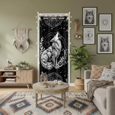 Imagem de Cortina de porta exótica misteriosa Bohemian Lotus 106,7 cm L x 213,4 cm C Constelação céu estrelado lua cortina blackout para armário porta lobo cortina tapeçaria para corredor sala de estar