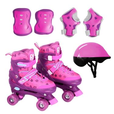 Imagem de Kit Patins Roller Ajustável 38 a 41 com Capacete e Proteções Rosa DM Toys