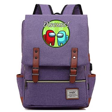 Imagem de Mochila retrô com estampa Among Space Game, mochila escolar retrô unissex (com USB), Roxa, Large, Clássico