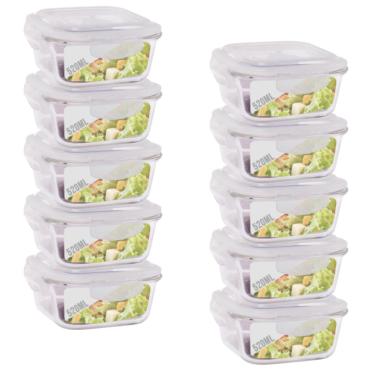 Imagem de Jogo 10 Pote Vidro 520ML Forno Microondas Quadrado Hermetico