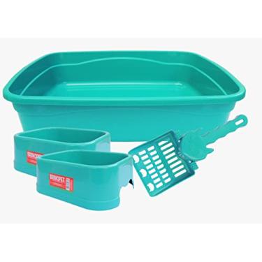 Imagem de Kit Gato 4 Peças Caixa de Areia Pá Higiênica Comedouro Bebedouro Banheiro Para Gatos (Verde)