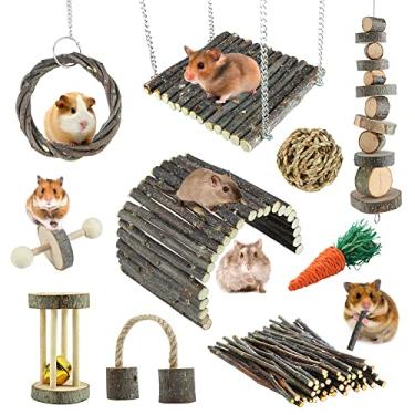 Imagem de YIXUND Brinquedos de hamster para ratos, brinquedos de chinchila, brinquedos de mastigar para hamster, acessórios de gaiola, palitos de madeira de maçã, rolo de sino para porquinhos-da-índia gerbil, e outros animais pequenos