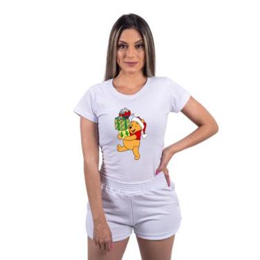 Imagem de Camiseta Baby Look Feminino Personagem Ursinho Pooh Natal Manga Curta