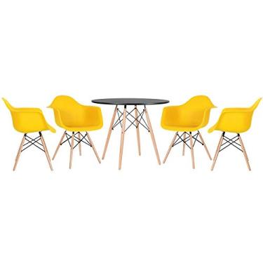 Imagem de Loft7, Mesa redonda Eames 90 cm preto + 4 cadeiras Eiffel Daw amarelo