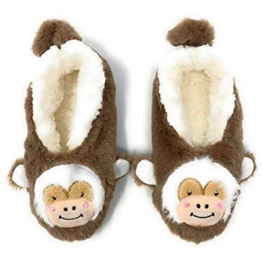 Imagem de Chinelos confortáveis para meninas, OoohGeez! Pantufas de sherpa para crianças com preguiça para uso interno em animais fofos divertidos, Let's Monkey, 2 Narrow Big Kid