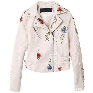 Imagem de Rock88 Jaqueta de couro PU casaco rebite bordado moto motociclista streetwear sobretudo feminino primavera outono roupas com estampa floral, branco, P (busto: 94 cm)