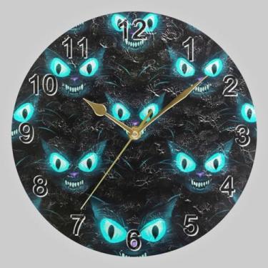 Imagem de CHIFIGNO Relógio de parede redondo com olho azul e gato preto, relógios de parede silenciosos operado por bateria relógio criativo casa sala de estar