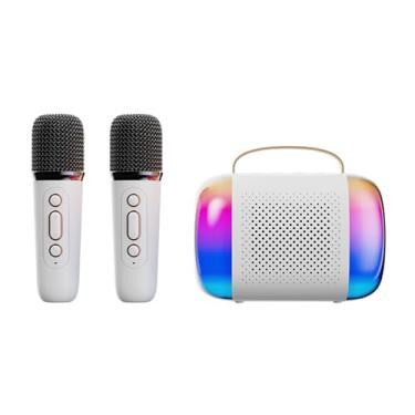 Imagem de XCPHGFM Mini máquina de karaokê conjunto de microfone e alto-falante sem fio com 2 microfones recarregável LED luz colorida microfone portátil BT alto-falante de karaokê presentes para festa de anive