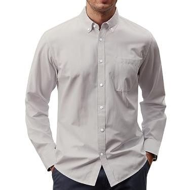 Imagem de J.VER Camisa masculina Oxford lisa, casual, gola de botão, camisas sociais de manga comprida com bolso, Cáqui cinza, 3G