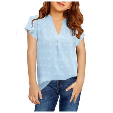 Imagem de AEJENNIO Camisetas para meninas, manga curta, chiffon, blusas de bolinhas suíças, camisetas com gola V, tamanho 9-14 anos, Azul, 13 Anos