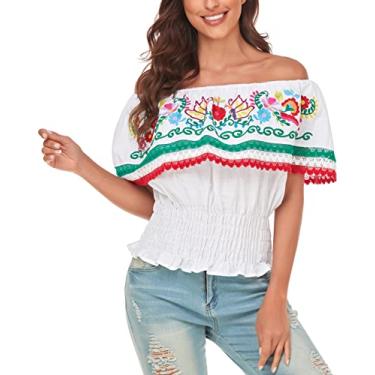 Imagem de YZXDORWJ Camiseta feminina mexicana bordada com ombros de fora, renda falbalá, 347w, G