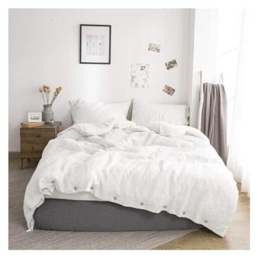 Imagem de Jogo de cama 3 peças 100% linho com laços de laço francês lavado respirável Queen King Size jogo de lençol de cama macio (2 solteiros)