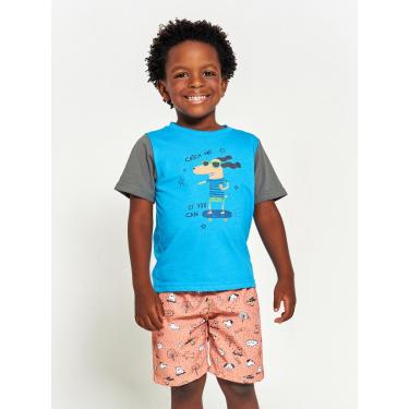 Imagem de Infantil - Conjunto Menino Camiseta + Bermuda Estampa Doguinho Skater Tam 1 a 12 anos Anil e Noz Moscada  menino