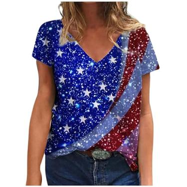 Imagem de Camiseta feminina fashion casual com bandeira do Dia da Independência, manga curta, gola V, túnica oriental, Rosa choque, GG