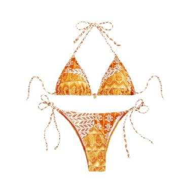 Imagem de WDIRARA Biquíni feminino com estampa floral, 2 peças, geométrico, frente única, triângulo, conjunto de biquíni de praia, Laranja, multicolorido, M