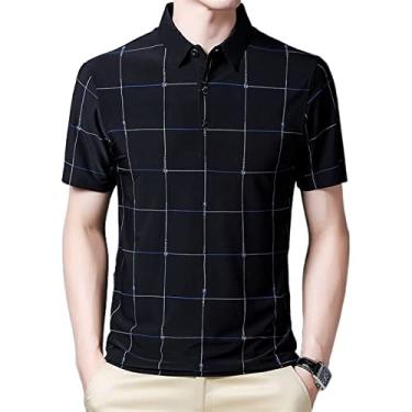 Imagem de Polos de golfe masculinos poliéster listra tênis camiseta rápida umidade wicking seco colarinho leve manga curta moda ao ar livre(Color:Black,Size:L)
