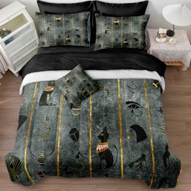 Imagem de Jogo de cama Queen, dourado, tamanho Queen, 8 peças, decoração de casa egípcia antiga, preto, cama tribal boho em uma bolsa com 1 capa de almofada (Queen, preto)