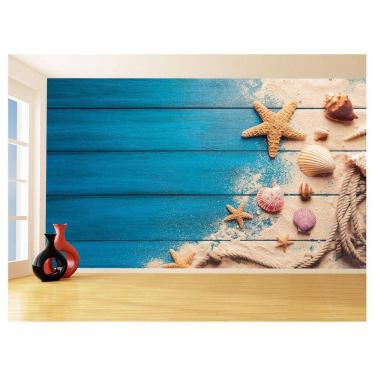 Imagem de Papel De Parede 3D Praia Mar Madeira Conchas 3,5M Npr315