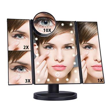 Imagem de Vanity Mirror Bathroom Vanity MirrorCountertop Cosmetic Makeup Mirror with LED Lights Tri-Fold Illuminated Vanity Mirror with 2X/3X/10X Magnifying Light Up Table Mirror Touch Screen Dimming 180 Rotati