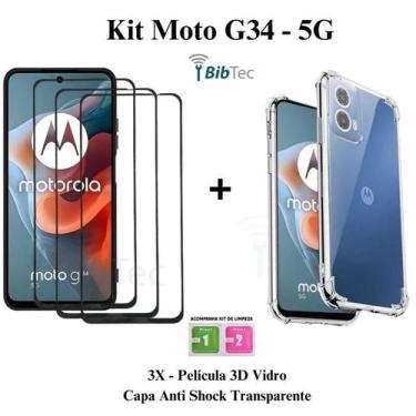 Imagem de Kit 3 Películas 3D Vidro + Capa Capinha Transparente para Moto G34 - L