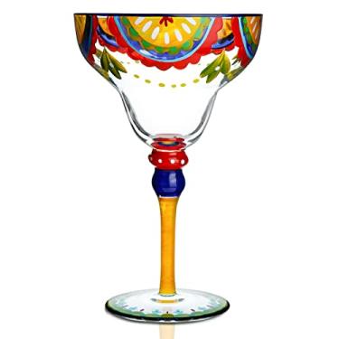 Imagem de YY Hand Painted Margarita Glass - Moroccan Collection - Hand Painted Glassware by Artists - Unique and Decorative Margarita Glasses, Kitchen Table Décor (Blue Lines)