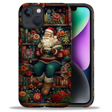 Imagem de DAIZAG Capa compatível com iPhone 14 e 13, Papai Noel está sentado na estante de livros TPU macio, capa rígida híbrida + capa de proteção de silicone para iPhone 14 e 13