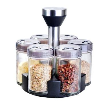 Imagem de Kit 6 Porta Tempero Condimento Vidro Suporte Giratório Inox luxo - POR