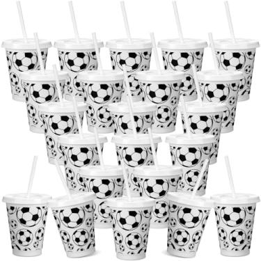 Imagem de Domensi 20 copos de plástico com tampa e canudo reutilizáveis copos de plástico para festa de 473 ml, lembrancinhas de festa para jogos, esportes, festa de aniversário (futebol)