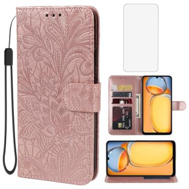 Imagem de Gufuwo Capa para Redmi 13C 4G/Redmi 13C 5G/PocoC65/Poco M6 5G Capa carteira com protetor de tela de vidro temperado, flor de renda, couro PU, flip com suporte para cartão de crédito, capa de telefone