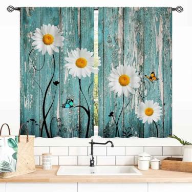 Imagem de Cortinas florais rústicas margaridas, verde fazenda, flor de madeira antiga, retrô, primavera, borboleta, rural, estilo rural, pequenas cortinas de janela curta para sala de estar, quarto, cozinha,