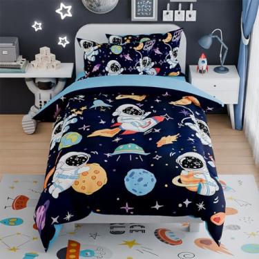 Imagem de SANDJEST Conjunto de cama infantil Astronauta, Full (4- Piece Set), 4 peças, tamanho casal com edredom, para quarto de meninos