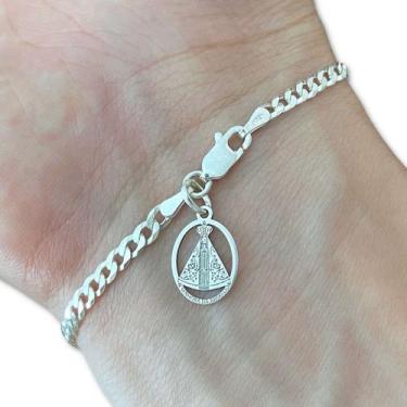 Imagem de Pulseira Masculina Grumet 3mm Pingente S Aparecida Prata 925 - Hakuna 