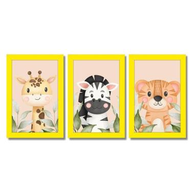 Imagem de Kit Quadros Infantil Safari Aquarela 20x30 Com Vidro Titulos Moldura Amarela