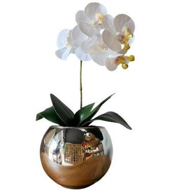 Imagem de Orquídea Branca Artificial Arranjo no Vaso Espelhado Flores Permanente