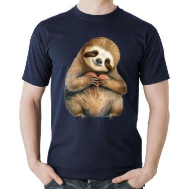 Imagem de Camiseta Algodão Bicho Preguiça Coração - Foca na Moda, Marinho, G