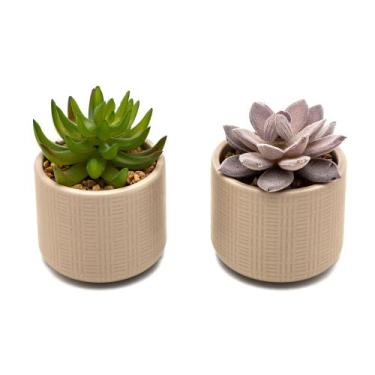 Imagem de Kit 2 Arranjos Artificial Planta Suculenta Verde Vasos Vasinhos Cerâmi