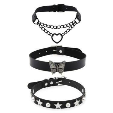 Imagem de Outman Pacote com 3 gargantilhas de couro punk gótico, colares de colarinho, corrente de clavícula para mulheres, Couro sintético, Sem Pedra Preciosa