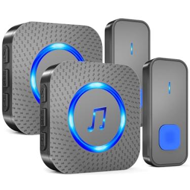 Imagem de Campainha sem fio, campainha de porta à prova d'água operada por bateria a 400 cm com 2 receptores, 2 botões remotos do transmissor, 55 sinos 5 volumes com LED, alto o suficiente para sala de aula em