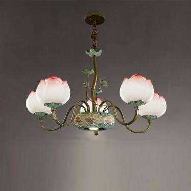 Imagem de OUFULA Luminária pendente de lótus contemporânea chinesa retrô criatividade sala de estar restaurante quarto villa hotel balcão decoração led lustre (D Pink 5 lights)