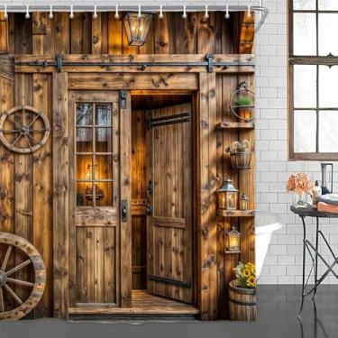 Imagem de Cortina de chuveiro rústica para porta de celeiro, cortina de chuveiro para porta de casa de fazenda, conjunto de cortina de chuveiro marrom para porta de madeira, decoração ocidental, impermeável,