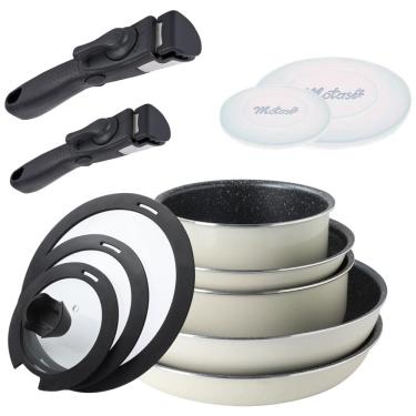 Imagem de Conjunto de Panelas e Frigideiras Antiaderentes em Alumínio com 12 Peças e Alça Removível, Motase, Branco