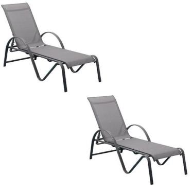 Imagem de Kit 2 Espreguiçadeiras Chaise Outdoor Búzios Amêndoa Tela Bege e Grafi