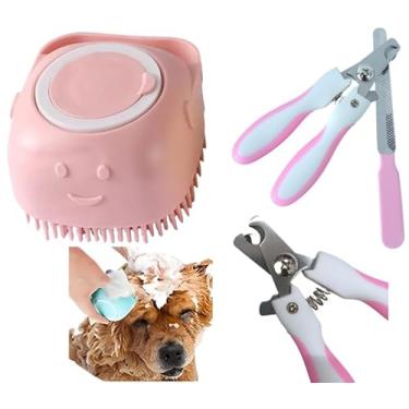 Imagem de Kit Banho Pet gato cachorro com Escova com dispenser para Shampoo e Alicate e Lima para Unhas, Azul e Rosa (rosa)